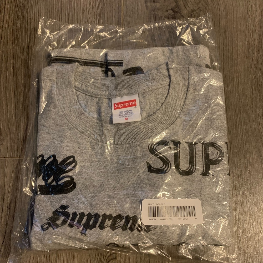Supreme multi logo grey tee shirt